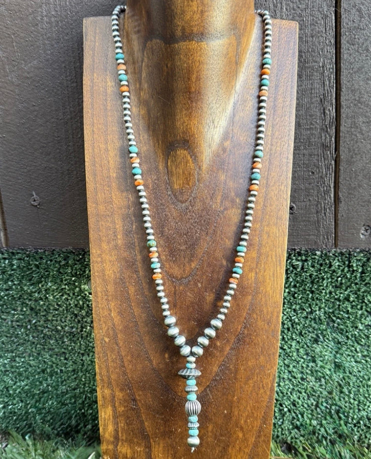 Sterling Silver Spiny Oyster Turquoise Pearls Lariat Y Bead Necklace. 28 inch