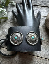 Load image into Gallery viewer, Vintage Native American Sterling Silver Turquoise Leather Band Bracelet 8 Inch