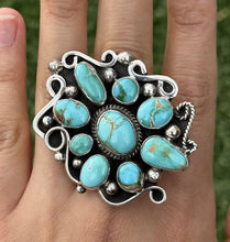 Load image into Gallery viewer, Navajo Sterling Silver Sonoran Gold Turquoise Cluster Ring. Size 8 Geneva