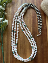 Load image into Gallery viewer, Sterling Silver Pink Conch Turquoise Pearls Multi Strand Bead Necklace. 30 Inch