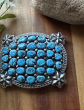 Load image into Gallery viewer, Native American Sterling Silver Blue Turquoise Cluster Belt Buckle Signed