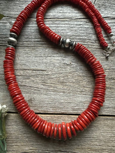 Southwestern Sterling Silver Graduated Bamboo Red Coral Bead Necklace 28 inch