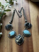 Load image into Gallery viewer, Navajo Sterling Silver Black Jack Kingman Turquoise Lariat Pearls Chain Necklace