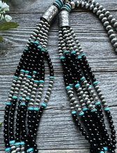 Load image into Gallery viewer, Sterling Silver Multi Strand Black Onyx with Turquoise Bead Necklace. 30 Inch