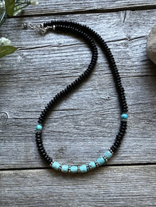 Southwestern 925 Sterling Silver Black Onyx Turquoise Bead Necklace 18 Inch