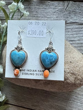 Load image into Gallery viewer, Navajo Sterling Silver Blue Turquoise Spiny Oyster Heart Earrings. Gift