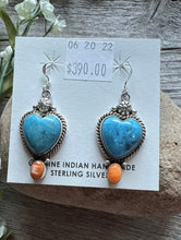 Load image into Gallery viewer, Navajo Sterling Silver Blue Turquoise Spiny Oyster Heart Earrings. Gift