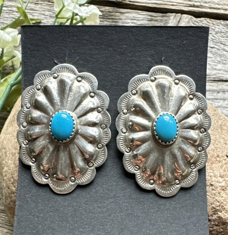 Navajo Native American Sterling Silver Turquoise Stud Earrings DM