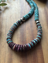 Load image into Gallery viewer, Sterling Silver Graduated Purple Spiny Oyster Turquoise Pearls Bead Necklace 18”