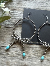 Load image into Gallery viewer, Sterling Silver Bow Blue Turquoise Pearls Hoop Bead Earrings 3.5 Inch