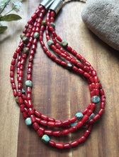 Load image into Gallery viewer, Sterling Silver Multi Strand Red Coral Turquoise Nuggets Bead Necklace 22 Inch