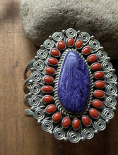 Load image into Gallery viewer, Tonya Rafael Navajo Sterling Silver Purple Charoite Coral Cluster Cuff Bracelet
