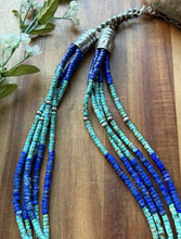 Load image into Gallery viewer, Sterling Silver Heishi Multi Strand Stone Lapis Turquoise Bead Necklace. 24 inch