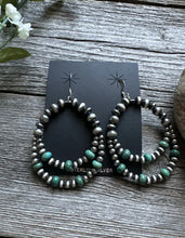 Load image into Gallery viewer, Southwestern SterlingSilver Green Turquoise Pearls Double Loop Earrings 2.5 Inch