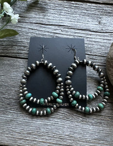 Southwestern SterlingSilver Green Turquoise Pearls Double Loop Earrings 2.5 Inch