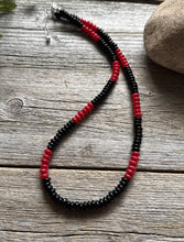 Load image into Gallery viewer, Sterling Silver Black Onyx W Red Coral Bead Necklace. 18 Inch
