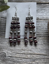 Load image into Gallery viewer, Sterling Silver Purple Spiny Oyster W Pearls Rosary Bead Dangle Earrings. 3 Inch