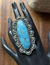 Load image into Gallery viewer, Native American Sterling Silver Kingman Turquoise Ring. Size 8. Leroy James
