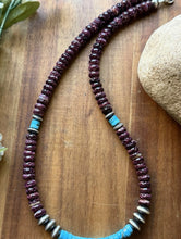 Load image into Gallery viewer, Sterling Silver Purple Spiny Oyster Heishi Turquoise Pearls Bead Necklace 18”