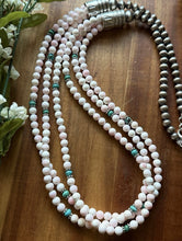 Load image into Gallery viewer, Sterling Silver Pink Conch Turquoise Pearls Multi Strand Bead Necklace. 30 Inch