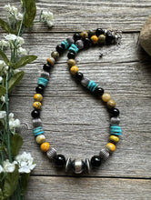 Load image into Gallery viewer, Sterling Silver Multi Stone Turquoise Onyx BumblebeeJasper Bead Necklace 18 inch