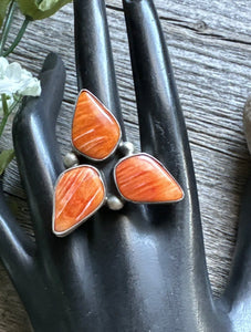 Jimmy Garcia Sterling Silver Orange Spiny Oyster Adjustable Ring. Navajo