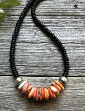 Load image into Gallery viewer, Mens Sterling Silver Black Onyx Orange Spiny Oyster Bead Necklace. 18 Inch