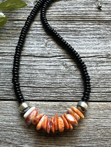 Mens Sterling Silver Black Onyx Orange Spiny Oyster Bead Necklace. 18 Inch