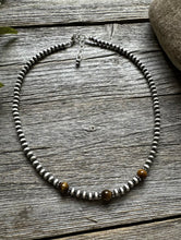 Load image into Gallery viewer, Sterling Silver 4mm Pearls with Brown Tigers Eye Bead Necklace Choker. 14 inch