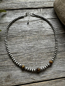 Sterling Silver 4mm Pearls with Brown Tigers Eye Bead Necklace Choker. 14 inch