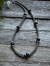 Load image into Gallery viewer, Southwestern Sterling Silver Lapis 4mm Pearls Bead Necklace. 18 Inch. Gift