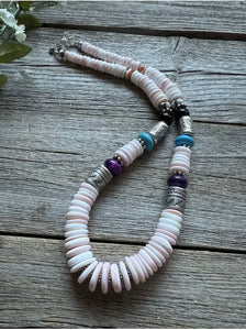 Sterling Silver Multi Stone Pink Conch Kokopelli Bead Necklace 18 Inch