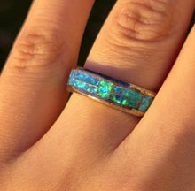 Load image into Gallery viewer, Blue Green Fire Opal Inlay Sterling Silver Bangle Bracelet Ring Set