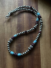 Load image into Gallery viewer, Sterling Silver Purple Spiny Oyster W Turquoise Pearls Bead Necklace. 18 inch