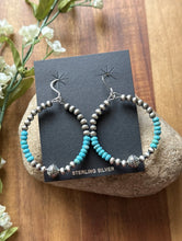Load image into Gallery viewer, Sterling Silver Blue Turquoise Bead W Pearls Loop Hoop Earrings.