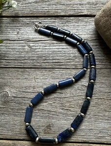 Sterling Silver Lapis Pearls Bead Necklace. 18 inch