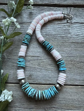 Load image into Gallery viewer, Sterling Silver Graduated Pink Conch Turquoise Bead Necklace 20 Inch