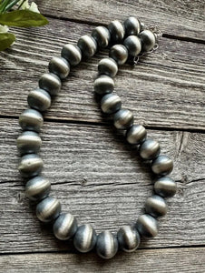 16mm 22 Inch 925 Sterling Silver Oxidized Pearls Bead Necklace Southwestern