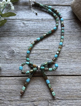 Load image into Gallery viewer, Bow Blue Green Turquoise Sterling Silver Pearls Bead Necklace. 18 Inch. Gift
