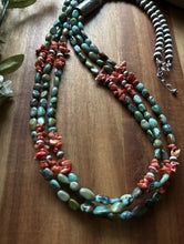 Load image into Gallery viewer, Sterling Silver Multi Strand Blue Green Turquoise Spiny Oyster Bead Necklace 30”