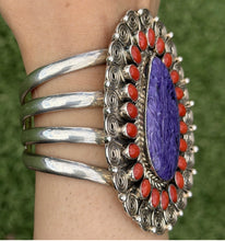 Load image into Gallery viewer, Tonya Rafael Navajo Sterling Silver Purple Charoite Coral Cluster Cuff Bracelet
