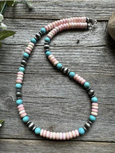 Load image into Gallery viewer, Sterling Silver Pink Conch Blue Turquoise Bead Necklace 20 Inch. Gift
