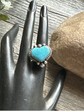 Load image into Gallery viewer, Native American Sterling Silver Blue Turquoise Adjustable Heart Ring. AM