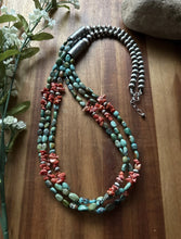 Load image into Gallery viewer, Sterling Silver Multi Strand Blue Green Turquoise Spiny Oyster Bead Necklace 30”