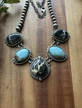 Load image into Gallery viewer, Navajo Sterling Silver Black Jack Kingman Turquoise Lariat Pearls Chain Necklace