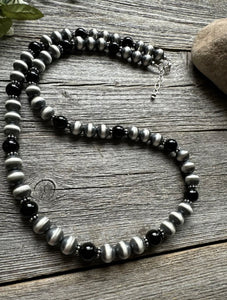 Southwestern Sterling Silver Black Onyx 10mm Pearls Bead Necklace. 26 Inch. Gift