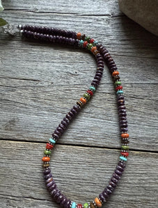 Sterling Silver Purple Spiny Oyster Multi Stone Bead Necklace. 18 inch. Gift
