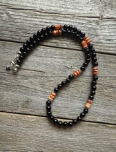 Load image into Gallery viewer, Sterling Silver Black Onyx Orange Spiny Oyster Bead Necklace. 18 Inch Gift