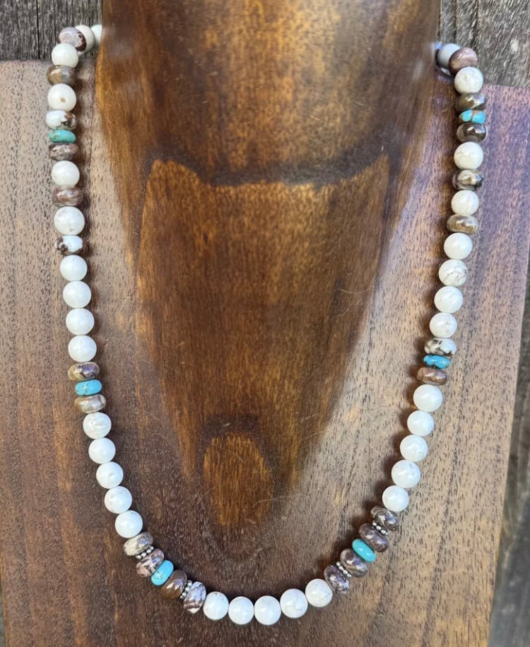 Southwestern Sterling Silver Brown Wild Horse Turquoise Bead Necklace. 18 inch