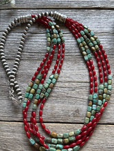 Load image into Gallery viewer, Sterling Silver Multi Strand Blue Green Turquoise Coral Pearls Bead Necklace 30”